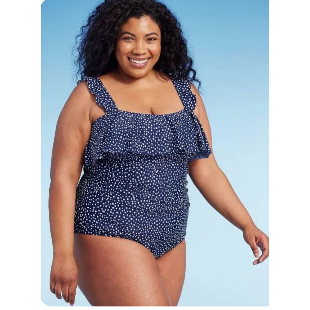 Kona Sol‎ blue polka dot one piece swimsuit size 17 beach vacation